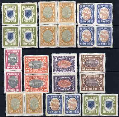 North Ingermanland 1920 set tp 10m (as SG 8-14) in pairs plus 10p, 30p & 50p in blocks of 4, all unmounted mint forgeries, stamps on 