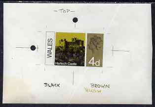 Great Britain 1960's Essay of Harlech Castle on bluish gummed paper with printers guide lines and markings, ex Andrew Restall archive, diagonal crease barely noticeable from the front, stamps on , stamps on  stamps on castles