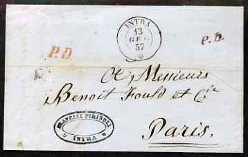 Italy 1857 entire from Intra to Paris with PD handstamps in red & black, various backstamps, stamps on tourism