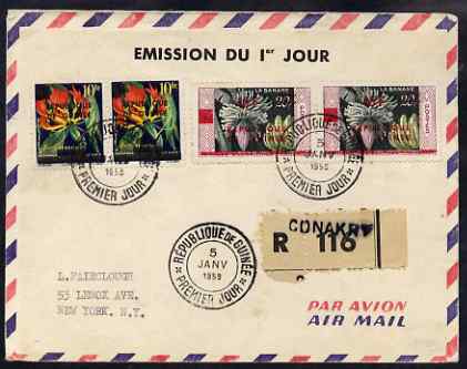 Guinea - Conakry reg airmail cover to New York bearing set of 2 Republic overprints in pairs with first day cancels, stamps on , stamps on  stamps on tourism