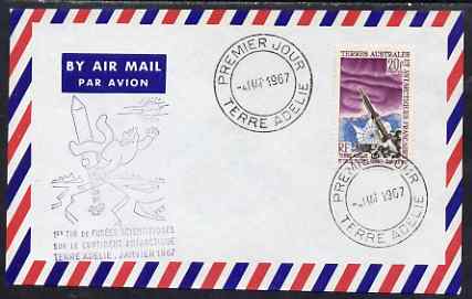 French Southern & Antarctic Territories 1967 cover bearing SG 43 (Launch of Space Probe 20f) with first day cancel and Rocket cachet, stamps on rockets, stamps on space