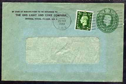 Great Britain 1940 1/2d KG6 printed window envelope uprated to 1d from Gas Light & Coke Company, stamps on , stamps on  stamps on energy, stamps on  stamps on  kg6 , stamps on  stamps on advertising