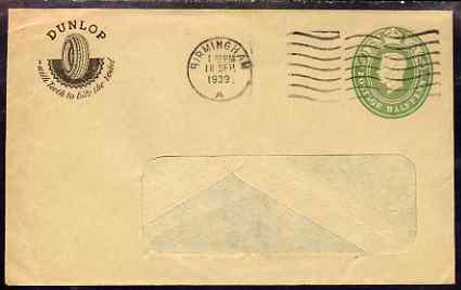 Great Britain 1939 1/2d KG6 printed window envelope from Dunlop Tyres in Birmingham, stamps on , stamps on  stamps on rubber, stamps on  stamps on dunlop, stamps on  stamps on advertising