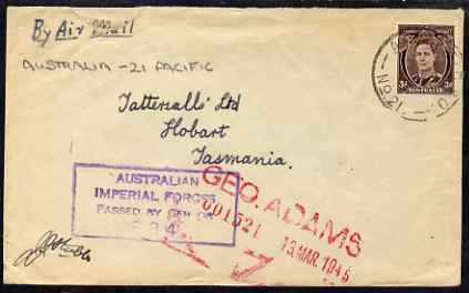 Australia 1945 Australian Imperial Forces cachet on Airmail cover to Tasmania, stamps on , stamps on  ww2 , stamps on 