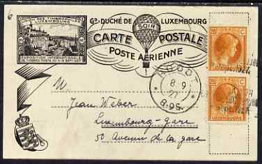 Luxembourg 1927 card bearing 2 x 20c used on last day of International Stamp Exhibition