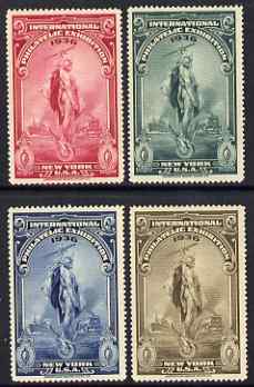 Cinderella - United States 1936 International Philatelic Exhibition set of 4 perf labels unmounted mint, stamps on , stamps on  stamps on cinderella, stamps on  stamps on stamp exhibitions, stamps on  stamps on ships, stamps on  stamps on aviation, stamps on  stamps on railways