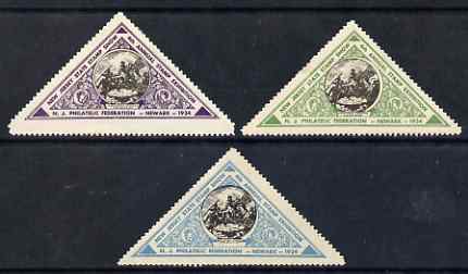 Cinderella - United States 1934 New Jersey State Stamp Exhibition set of 3 triangular perf labels mounted mint, stamps on cinderella, stamps on stamp exhibitions, stamps on triangulars