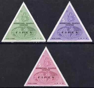 Cinderella - United States 1956 FIPEX International Philatelic Exhibition set of 3 triangular perf labels mounted mint, stamps on , stamps on  stamps on cinderella, stamps on  stamps on stamp exhibitions, stamps on  stamps on statue of liberty, stamps on  stamps on triangulars