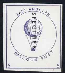 Cinderella - Great Britain 1989 East Anglian Balloon post imperf proof of label in blue overprinted SPECIMEN on thin card, stamps on , stamps on  stamps on cinderella, stamps on  stamps on balloons