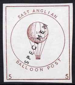 Cinderella - Great Britain 1989 East Anglian Balloon post imperf proof of label in brown overprinted SPECIMEN on ungummed paper, stamps on cinderella, stamps on balloons