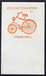 Cinderella - Great Britain 1988 Colchester & District Messenger Service imperf proof of A31 Strike Mail label in orange showing Bicycle unmounted mint, stamps on , stamps on  stamps on cinderella, stamps on  stamps on bicycles, stamps on  stamps on strike