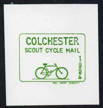 Cinderella - Great Britain 1994 Colchester Scout Cycle Mail imperf proof of label in green on thin card, stamps on , stamps on  stamps on cinderella, stamps on  stamps on bicycles, stamps on  stamps on strike, stamps on  stamps on scouts