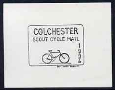 Cinderella - Great Britain 1994 Colchester Scout Cycle Mail imperf proof of label in black on thin card, stamps on cinderella, stamps on bicycles, stamps on strike, stamps on scouts