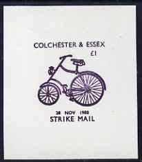 Cinderella - Great Britain 1988 Colchester & District Messenger Service imperf proof of A31 Strike Mail label in mauve showing Bicycle and dated 28 Nov 1988 unmounted mint, stamps on , stamps on  stamps on cinderella, stamps on  stamps on bicycles, stamps on  stamps on strike