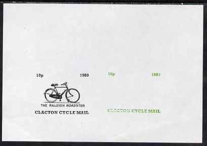 Cinderella - Great Britain 1989 Clacton Cycle Mail imperf composite proof of 10p label in black showing the Raleigh Roadster plus similar proof alongside showing text onl..., stamps on cinderella, stamps on bicycles, stamps on strike