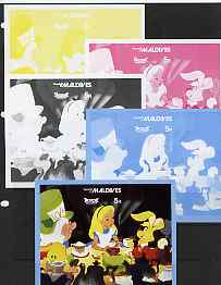 Maldive Islands 1980 Disney - Alice in Wonderland m/sheet, the set of 5 imperf progressive proofs comprising the 4 individual colours plus the completed all 4-colour comp..., stamps on disney, stamps on cartoons, stamps on films, stamps on cinema, stamps on movies