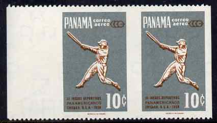 Panama 1959 Pan American Games - 10c Baseball marginal horiz pair with vertical perfs omitted, unmounted mint SG 681var, stamps on sport, stamps on baseball