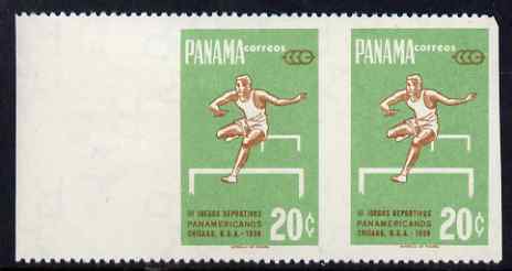 Panama 1959 Pan American Games - 20c Hurdling marginal horiz pair with vertical perfs omitted, unmounted mint SG 679var, stamps on sport, stamps on hurdles