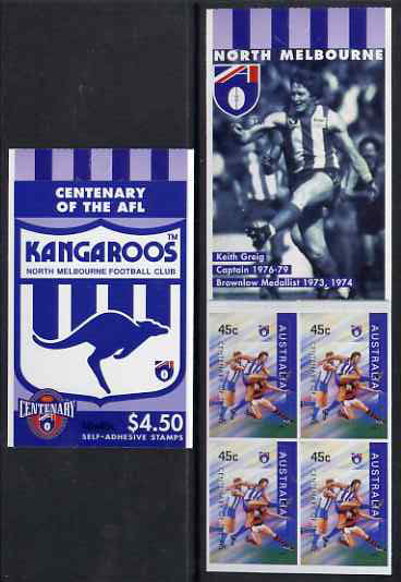 Australia 1996 Centenary of Australian Football League $4.50 booklet - North Melbourne Kangaroos, complete and fine SG SB93, stamps on , stamps on  stamps on sport, stamps on  stamps on football, stamps on  stamps on australian rules football, stamps on  stamps on kangaroos