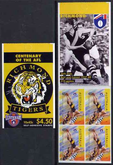 Booklet - Australia 1996 Centenary of Australian Football League $4.50 booklet - Richmond Tigers, complete and fine SG SB99, stamps on , stamps on  stamps on sport, stamps on  stamps on football, stamps on  stamps on australian rules football, stamps on  stamps on tigers
