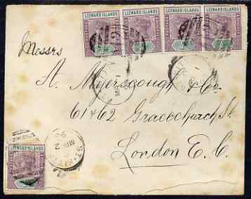 St Kitts 1898 cover to London bearing 5 x QV 1/2d Leeward Islands tied by A12 duplexes which show the inverted * in the year slug, no back stamps, some fpxing and one stamp damaged, stamps on , stamps on  stamps on , stamps on  stamps on  qv , stamps on  stamps on 