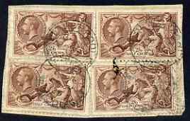 Great Britain 1934 Re-engraved Seahorse 2s6d x 4 used on piece cat A3160, stamps on , stamps on  stamps on great britain 1934 re-engraved seahorse 2s6d x 4 used on piece cat \a3160