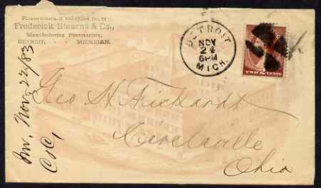 United States 1883 cover Detroit to Ohio with Pharmacist imprint and illustration of factory, stamps on drugs