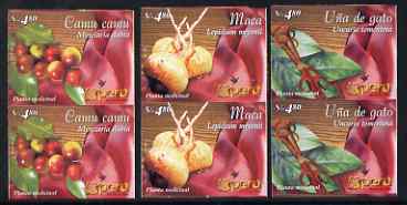 Peru 2004 Medicinal Plants set of 3 in imperf proof pairs, each with MUESTRA (Specimen) handstamp on the backs, otherwise unmounted mint, stamps on flowers, stamps on plants, stamps on medical