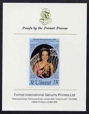 St Vincent 1987 10th Anniversary of Carnival 55c (Beauty Queen) imperf proof mounted on Format International proof card as SG SG 1068var, stamps on , stamps on  stamps on entertainments    fashion    tourism