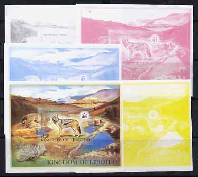 Lesotho 1981 WWF - Jackal Wildlife m/sheet, the set of 5 imperf progressive proofs compriing 4 individual colours (black, magenta, cyan & yellow) plus all 5-colour composite (4 colours plus gold) unmounted mint as SG MS 473, stamps on , stamps on  stamps on animals, stamps on  stamps on  wwf , stamps on  stamps on jackal, stamps on  stamps on dogs