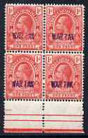 Turks & Caicos Islands 1917 KG5 War Tax 1d red opt at bottom block of 4, lower left stamp with W partly missing unmounted mint SG 140var, stamps on , stamps on  kg5 , stamps on   ww1 , stamps on 