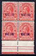 Turks & Caicos Islands 1917 KG5 War Tax 1d red opt at bottom block of 4, lower left stamp with W partly missing unmounted mint SG 140var, stamps on , stamps on  stamps on , stamps on  stamps on  kg5 , stamps on  stamps on   ww1 , stamps on  stamps on 