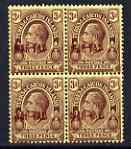 Turks & Caicos Islands 1918 KG5 War Tax 3d purple on yellow opt in middle block of 4 with opt in black and red (presumably due to inadequate cleaning) unmounted mint SG 145var, stamps on , stamps on  stamps on , stamps on  stamps on  kg5 , stamps on  stamps on   ww1 , stamps on  stamps on 