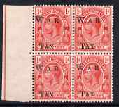Turks & Caicos Islands 1919 KG5 War Tax 1d scarlet block of 4, upper left stamp clearly showing the W doubled, unmounted mint SG 152var, stamps on , stamps on  kg5 , stamps on   ww1 , stamps on 