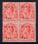 Turks & Caicos Islands 1919 KG5 War Tax 1d scarlet block of 4, upper left stamp showing signs of doubling (W, A & X), unmounted mint SG 152var, stamps on , stamps on  stamps on , stamps on  stamps on  kg5 , stamps on  stamps on   ww1 , stamps on  stamps on 