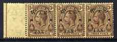 Turks & Caicos Islands 1919 KG5 War Tax 3d purple on orange-buff marginal strip of 3 with watermark inverted & reversed unmounted mint SG 153y, stamps on , stamps on  kg5 , stamps on   ww1 , stamps on 