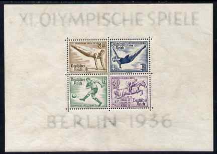 Germany 1936 Berlin Olympic Games perf m/sheet #1, 3pf mounted, other 3 stamps unmounted, slight signs of ageing, SG MS 613a, stamps on olympics, stamps on gymnastics, stamps on diving, stamps on football, stamps on sgow jumping, stamps on horses