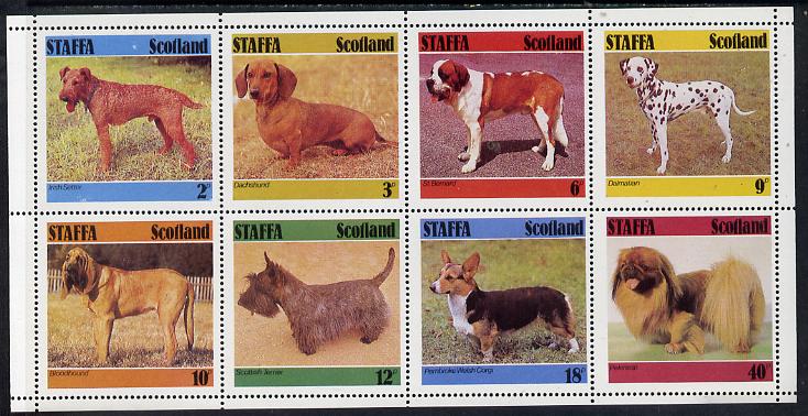 Staffa 1978 Dogs (Irish Setter, Dachshund, St Bernard etc) perf set of 8 values (2p to 40p) unmounted mint, stamps on , stamps on  stamps on animals  dogs    setter     dachshund     st bernard      dalmation    bloodhound     terrier   pekingese    corgi