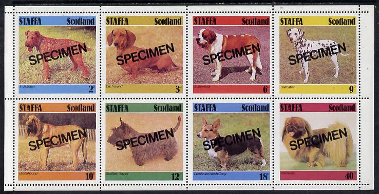 Staffa 1978 Dogs (Irish Setter, Dachshund, St Bernard etc)  perf set of 8 values each opt'd SPECIMEN (2p to 40p) unmounted mint, stamps on animals  dogs    setter     dachshund     st bernard      dalmation    bloodhound     terrier   pekingese    corgi