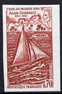France 1970 Alain Gerbaults World Voyage IMPERF colour trial in red-brown unmounted mint, as SG 1855, stamps on ships, stamps on sailing