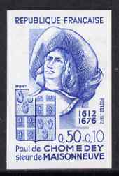 France 1972 Red Cross Fund - Paul de Chomedey (founder of Montreal) IMPERF colour trial in blue unmounted mint,  as SG 1951 (Yv 1706), stamps on , stamps on  stamps on red cross, stamps on  stamps on personalities, stamps on  stamps on explorers, stamps on  stamps on arms, stamps on  stamps on heraldry