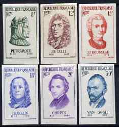 France 1956 Famous Men (Portraits) set of 6 IMPERF unmounted mint,  as SG 1307-12 (Yv 1082-87), stamps on , stamps on  stamps on personalities, stamps on  stamps on arts, stamps on  stamps on van gogh, stamps on  stamps on music, stamps on  stamps on chopin