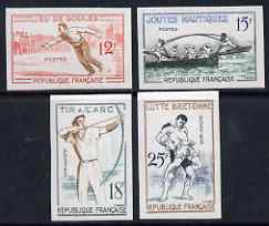 France 1958 French Traditional Games set of 4 IMPERF unmounted mint, as SG 1385-88 (Yv 1161-64), stamps on sports, stamps on archery, stamps on wrestling, stamps on boules