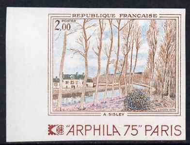 France 1975 Arphila 1975 Stamp Exhibition - Franch Art 2f (Loing Canal by Sisley) imperf unmounted mint, as SG 2035 (Yv 1812), stamps on stamp exhibitions, stamps on arts, stamps on canals, stamps on trees