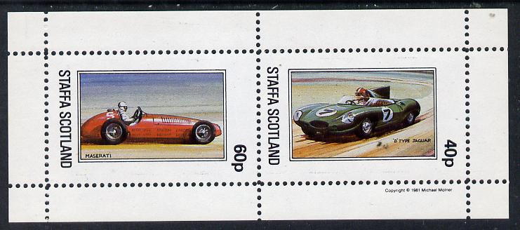 Staffa 1981 Cars #1 ('D' Type Jaguar & Maserati) perf  set of 2 values (40p & 60p) unmounted mint, stamps on , stamps on  stamps on cars, stamps on transport, stamps on jaguar, stamps on maserati