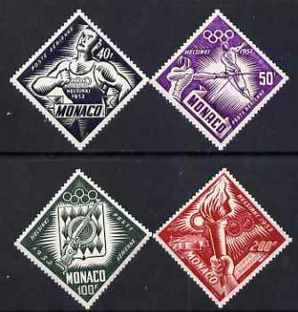 Monaco 1953 Fifteenth Olympic Games Helsinki Air set of 4 unmounted mint, SG 469-72, stamps on sport, stamps on olympics, stamps on fencing, stamps on shooting, stamps on arms, stamps on heraldry