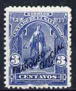 El Salvador 1899 Ceres 3c blue overprinted Franqueo Oficial but without wheel overprint, unissued as such, virtually unmounted mint similar to SG O331, stamps on , stamps on  stamps on official, stamps on  stamps on ceres, stamps on  stamps on mythology