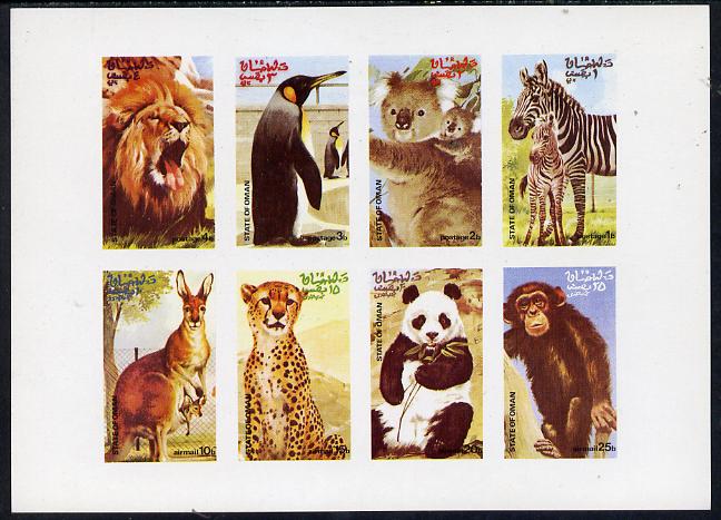 Oman 1974 Zoo Animals (Lion, Panda, Penguin, Kangaroo, Chimp etc) imperf set of 8 values (1b to 25b) unmounted mint, stamps on , stamps on  stamps on animals     penguin    panda     cats      apes    polar      bears, stamps on  stamps on  zoo , stamps on  stamps on , stamps on  stamps on  zoo , stamps on  stamps on zoos, stamps on  stamps on 