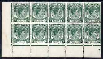 Malaya - Penang 1949-52 KG6 3c green corner block of 10 unmounted mint, SG5, stamps on , stamps on  stamps on , stamps on  stamps on  kg6 , stamps on  stamps on 