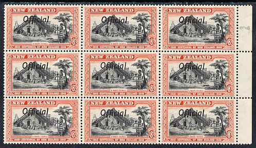 New Zealand 1940 Centenary Official 8d unmounted mint block of 9 SG O149, stamps on 